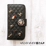 チャーム付き♡キルティング 手帳型 iPhoneケース【ブラック】