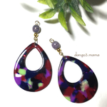 300円☆大ぶりべっ甲雫(レッド×パープル系)のピアス/イヤリング