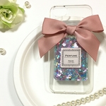 個性派ビューティーカラー♡キラキラグリーン香水瓶×リボン スマホケース iphone 全機種対応/AQUOS/Xperia/HUAWEI 他