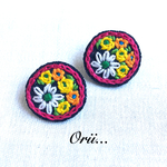 【中】 デニムサークル花柄刺繍ピアス