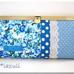 水彩画の様な花柄とライトブルードットの長財布／w-212