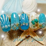 ジェルネイルチップ☆付け爪〜海面ドロップ×人魚の鱗&ターコイズ☆ヒトデ&シェル