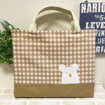 🌱ひょっこりしろくまさんのアップリケのレッスンバッグ♪ベージュチェック♪ハンドメイド♪