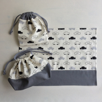 お弁当袋 コップ袋 ランチマット 3点セット モノトーン車柄×グレー　入園入学グッズ　