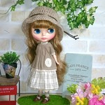 No.1238  ベージュラインチェックワンピとグレージュトップスの重ね着セット