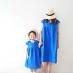◇受注生産◇親子お揃いコーデ　フレンチブルーリネン100％ワンピース ママsizeM＆kidssize90～130