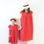 ◇受注生産◇親子お揃いコーデ　茜色リネン100％ワンピース ママsizeS+kidssize90～130