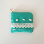 レースと刺繍 帆布でつくったミニ財布   ミントグリーン