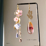 上には桜、下には彼岸花 カラーチェンジレジン鬼灯とワイヤー桜の彼岸花雫 蝶々ピアス イヤリング 和装小物