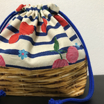 刺繍風チェリーボーダー切替巾着☆お弁当袋
