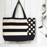 通学バッグ★大きめトートバッグ　白黒ワイドボーダー×黒白ドット１１号帆布