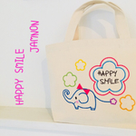 リボン＊HAPPY SMILEぞうさん＊名前入り刺繍バッグＳサイズ＊ナチュラル