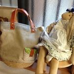 ヌメ革持ち手のリネンバッグポケット付