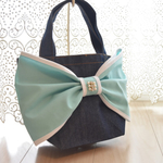 kukki様専用♡パールビジューのバイカラーリボントートバッグ　(デニム×ミント)