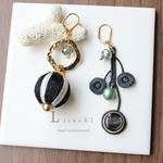 再販[2018年最新作]Vintage　button asymmetry　ヴィンテージボタン　アシンメトリー　ブラック　黑　ピアス/イヤリング　