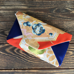 着物帯 クラッチバッグ 金刺繍  あおオレンジ