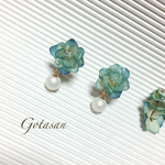 ブルーグリーン紫陽花パールのイヤリング／ピアス