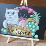 ウェルカムボード・果物カゴと猫
