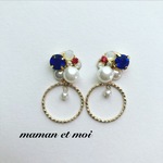 青×赤ビジューとゴールドリングのピアス（イヤリング）