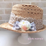 苺のリボンコサージュ/ヘアークリップ  グレーギンガム×ピーチピンク