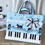 再販2レッスンバッグ*ピアノ*鍵盤*音楽*水色*ネコ&音符柄*リボン*女の子