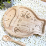名入れお魚さんのランチプレート&スプーンのセット、木製カトラリー、ウッドバーニング