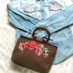 セール☆送料無料☆1点もの☆バラ🌹刺繍のトートバッグ