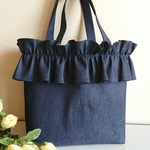 ◎【難有り】   M☆デニムフリルバッグ👜大き目サイズ☆肩掛けタイプ♪紺色