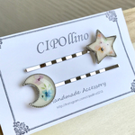 お月様とお星様のお花ホワイトレジンヘアピン【シルバー】