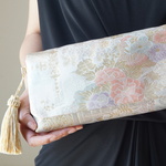 【残1】結婚式、パーティー、着物、日常使いに。純金箔　絹帯 リメイク　2way　帯クラッチバッグ＆ ハンドバック　ゴールド　