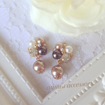 秋 冬 ライトブラウン ビジュー♡ピアス＊イヤリング