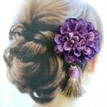 和装 洋装 タッセル付　髪飾りセット　ツートン紫ダリア　結婚式　成人式　浴衣　花火