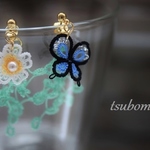  <プチ>ちいさなちょうちょ×お花×ゆらゆら葉っぱのアシンメトリーピアス　　タティングレース     