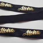 ヘアタイに　ALOHA柄　ブラック×ゴールド　伸縮リボン　2m