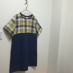 チェック柄ハーフリネン×デニムのワンピース（イエロー×ブルー）