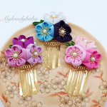 「新作」つまみ細工 かわいいピンク 花 ヘアクリップ 浴衣 着物  カラフル