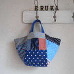 ♪小さめマルシェbag♪マリン調　パッチ 　イカリ　ドット　青