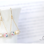 ~shellball series~シェルボールとコットンパールのトライアングルピアス*(イヤリング可)