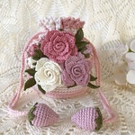 巻きバラブローチ付き巾着袋♡pink♡レース編み