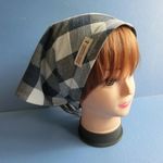 紺×白ブロックチェック綿ドビー　ギャザー入りバブーシュカ・三角巾　