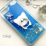 *お値下げ* 幻想的に光る～流れる砂～海 ウォーターケース 猫 スマホリング付きiPhoneケース スマホケース iPhone7 iPhone8 iPhone6 iPhone6s