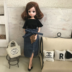 ♡ a様オーダー品♡オフショルダー黒トップス＆ウエストリボンデニムスカート♡大人リカちゃん