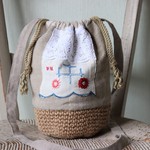 3WAY アンティークリネン＊麻ヒモかごバッグ＊手刺繍＊スイスレース＊ショルダーバッグ