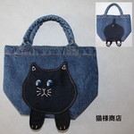 一点物【突っ込んでしまったひょうきんな顔の紺色猫ちゃんデニムランチバック】一点物 トート