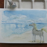 手描きイラストのポストカード　海で泳ぎたいお馬