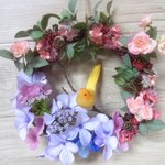 ◇50 　🌹小鳥とあじさいと小薔薇のリース🐤  （大）約２５㎝