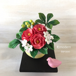 粘土の花＊和modernころふわ〜薄黄色・まぁるいポットのお花達♪【黒・木製花台付き】