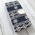   手帳型 インディゴ刺繍レース ダークネイビー iPhoneケース