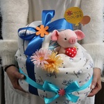 ゆりかごおむつケーキ（お願いこぶた）ブルー：出産祝い♪