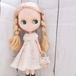 ブライス 紅茶染め サークル模様刺繍レース生地 ワンピース +カゴバッグ 2点セット リカちゃん アウトフィット